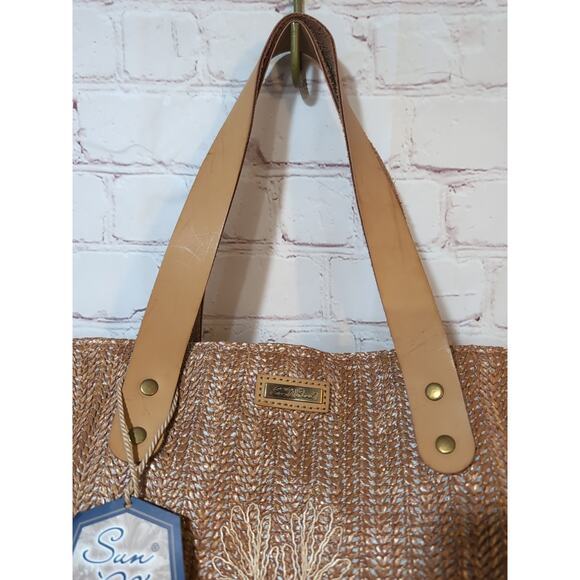 Sun 'N' Sand Woven Poly Straw Beach Tote Bag Faux Leather Handles Embroidered - Picture 2 of 15